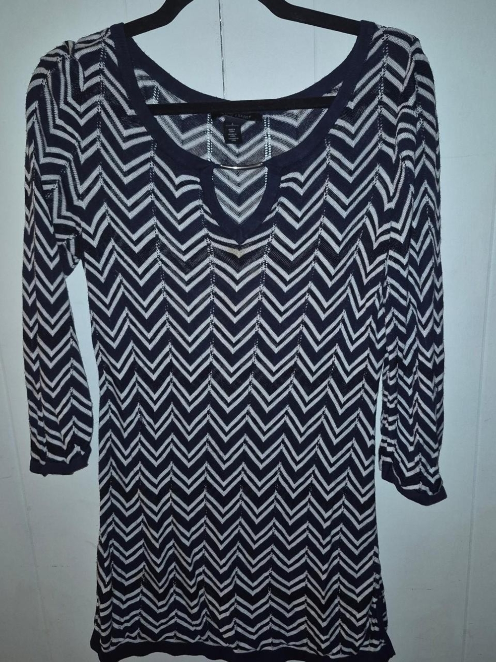 White House Black Market Navy and White Chevron Long Sleeve Top